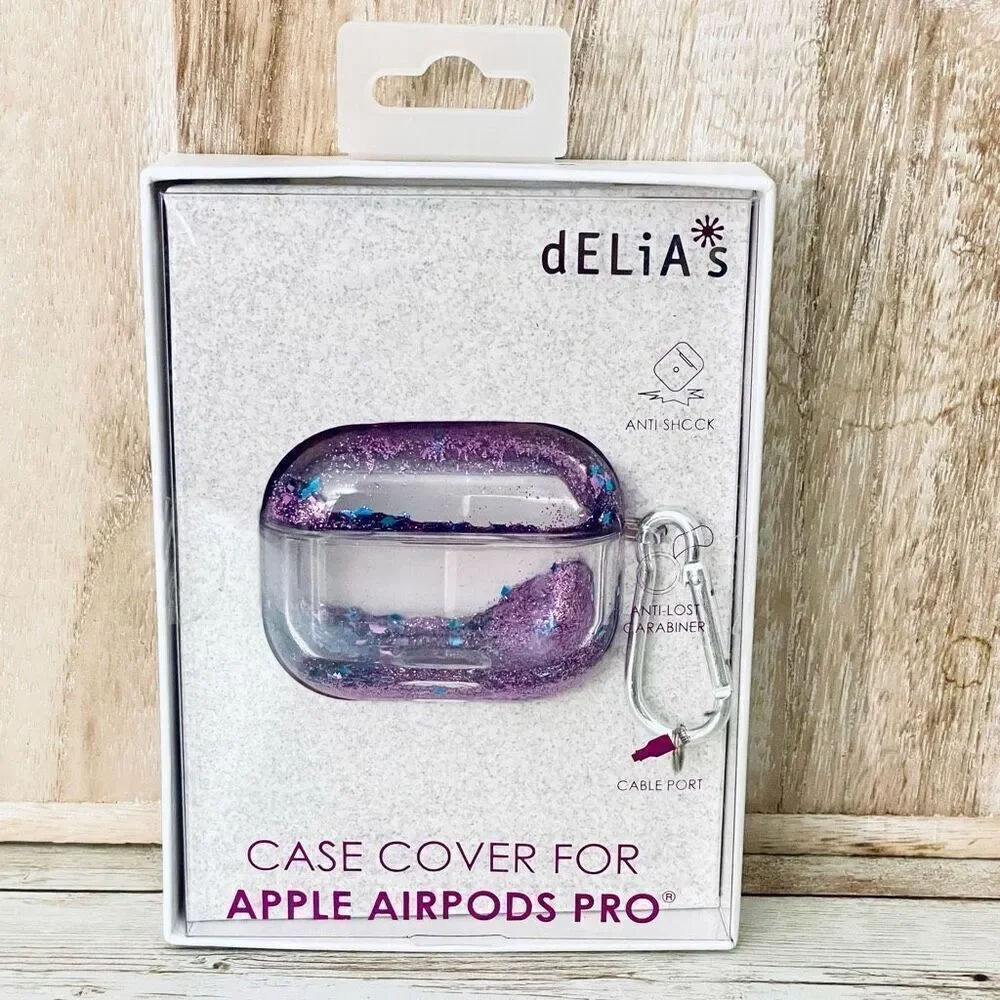 NWT Clear case cover Apple AirPods Pro Purple Glitter cable port Anti shock
